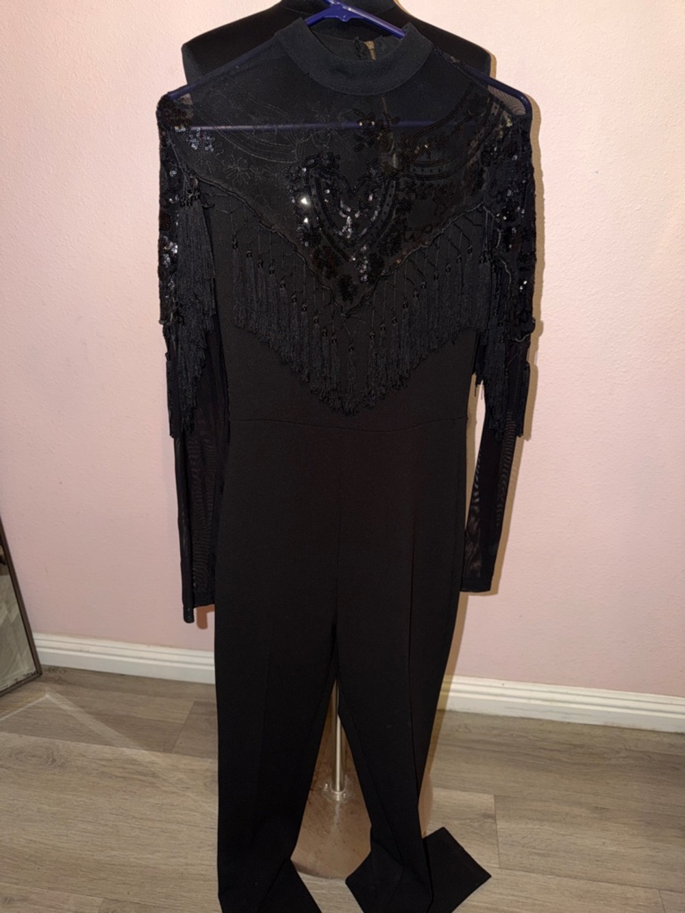 Fashion Nova Black Sequin Fringe Long-Sleeve Jumpsuite